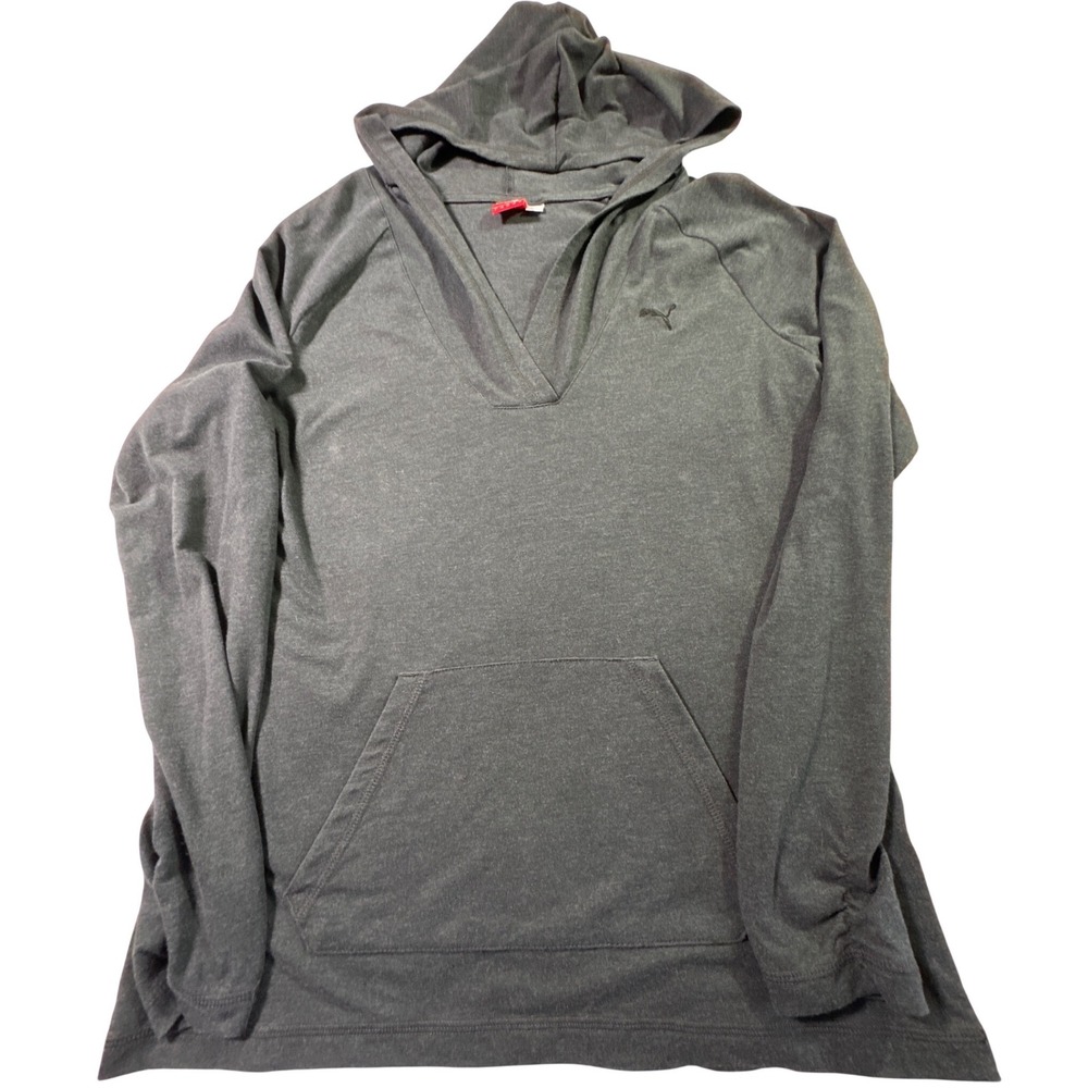Puma Womens SportLifestyle V-Neck Soft Hoodie Gray Ruched Sleeve Pullover  L